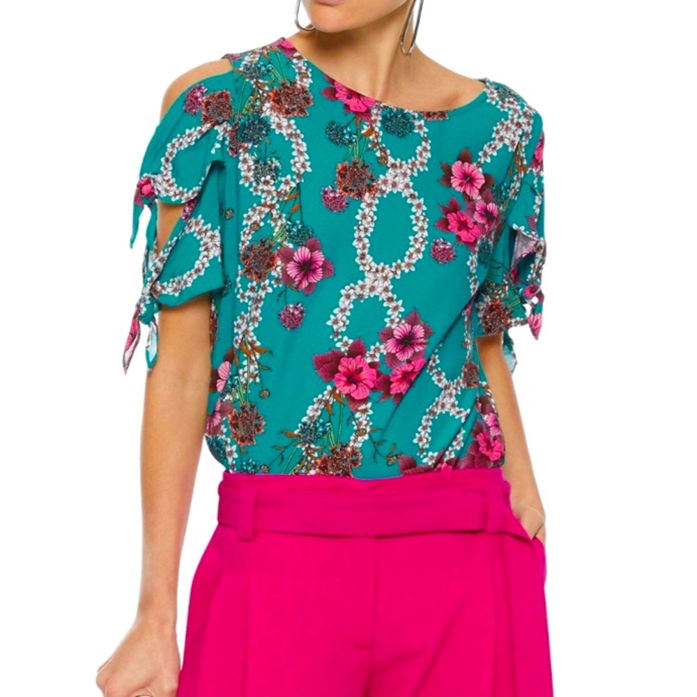 Sandro Viva Floral Blouse Cold Shoulder Tie Sleeve Turquoise Keyhole Small